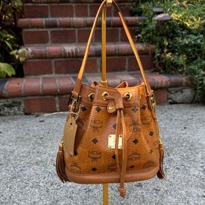 MCM Cognac Leather mini Drawstring bucket bag